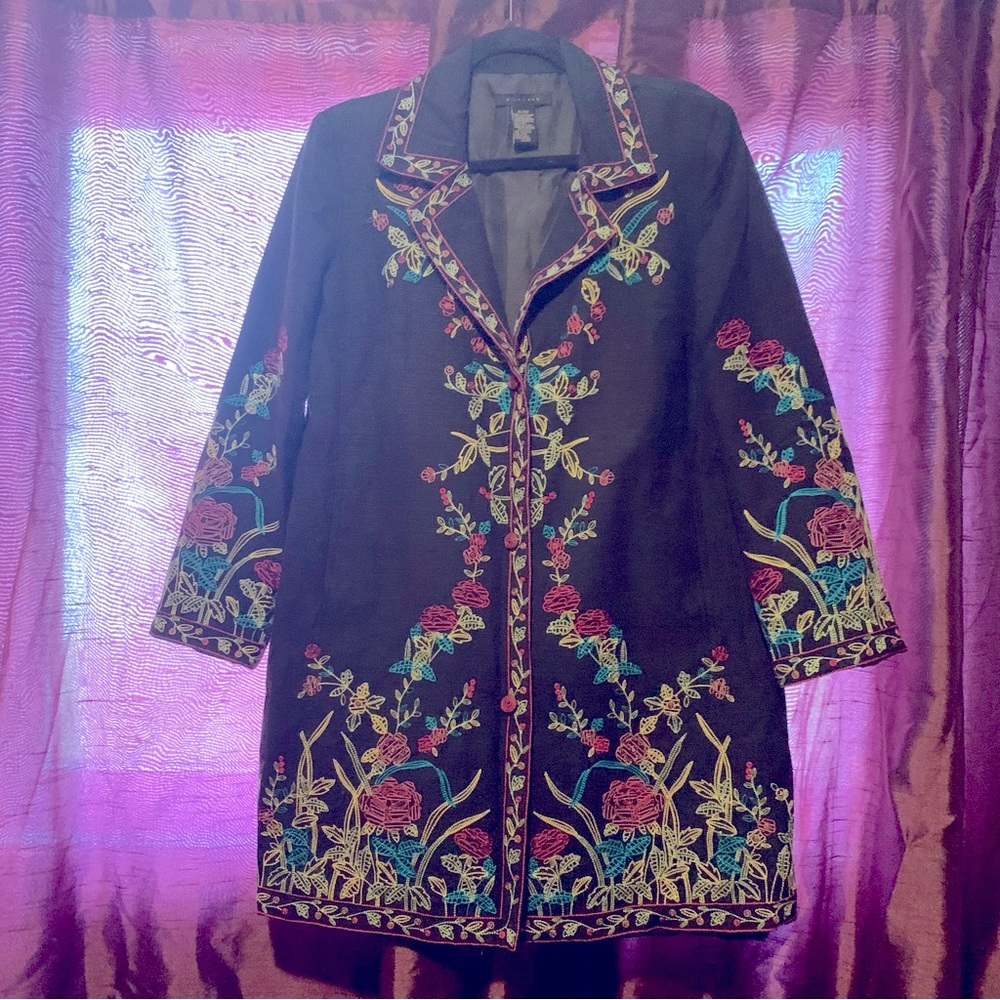 Silkland black silk (and 2% rayon) long, embroidered jacket size XL.